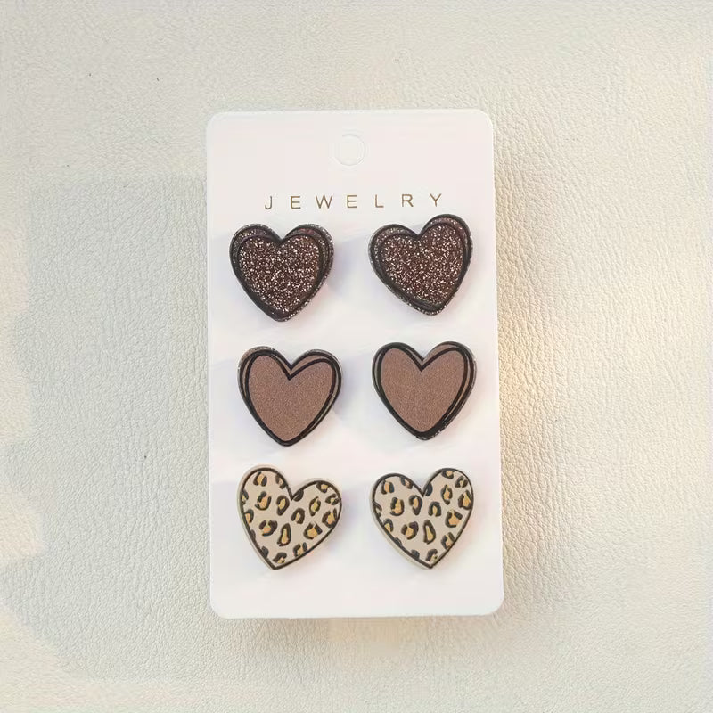 3-Pair Heart-Shaped Stud Earrings Set