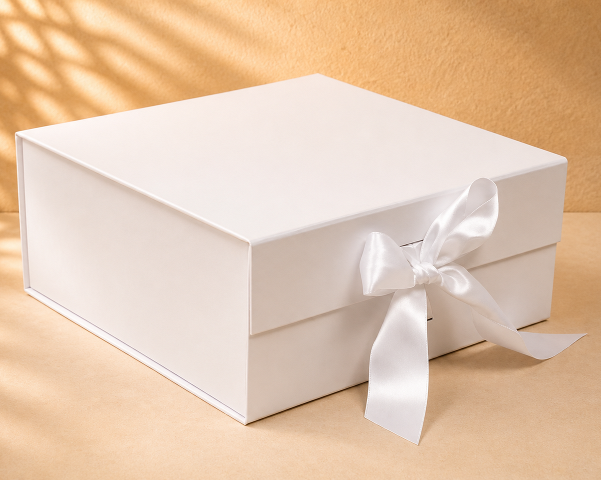 White premium gift box with ribbon bow, elegant packaging box on neutral background Gift shop delivery Cyprus Gifting CY