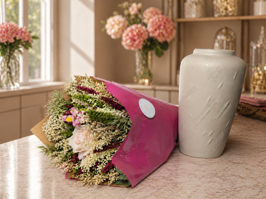Luxury gift collection featuring a peach-toned flower bouquet, decorative vase, premium chocolates, and a self-care gift set arranged in an elegant neutral setting.