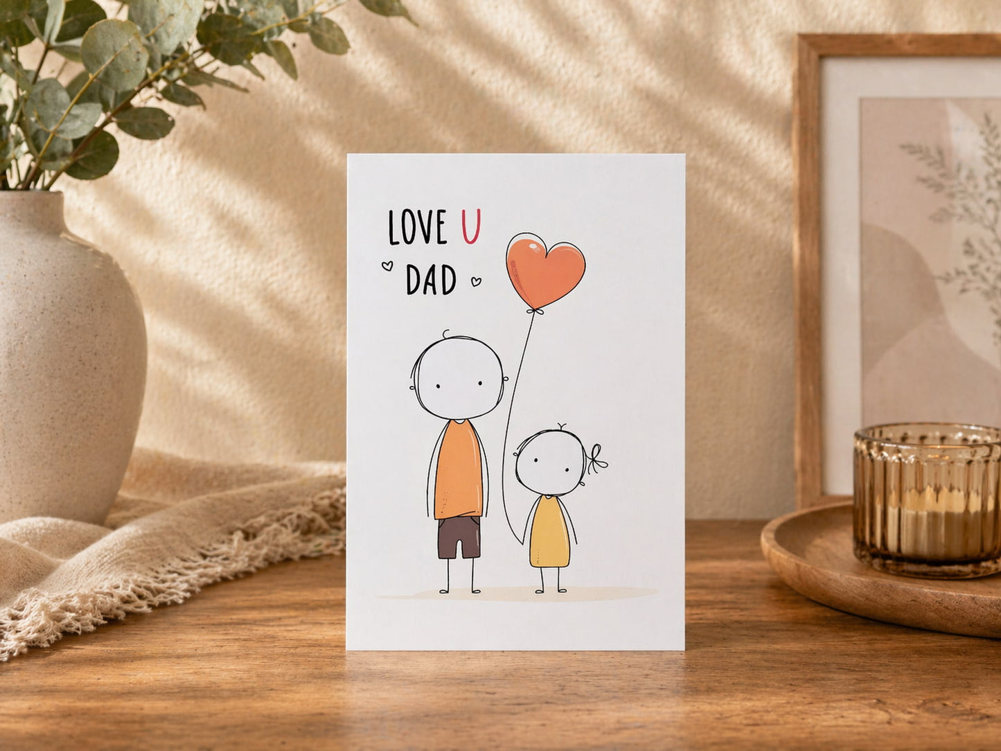Greeting card with 'Love U Dad' text and illustrations on a wooden surface.