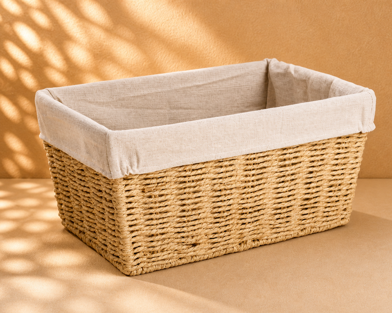 Natural woven gift basket with fabric lining, elegant neutral gift packaging basket