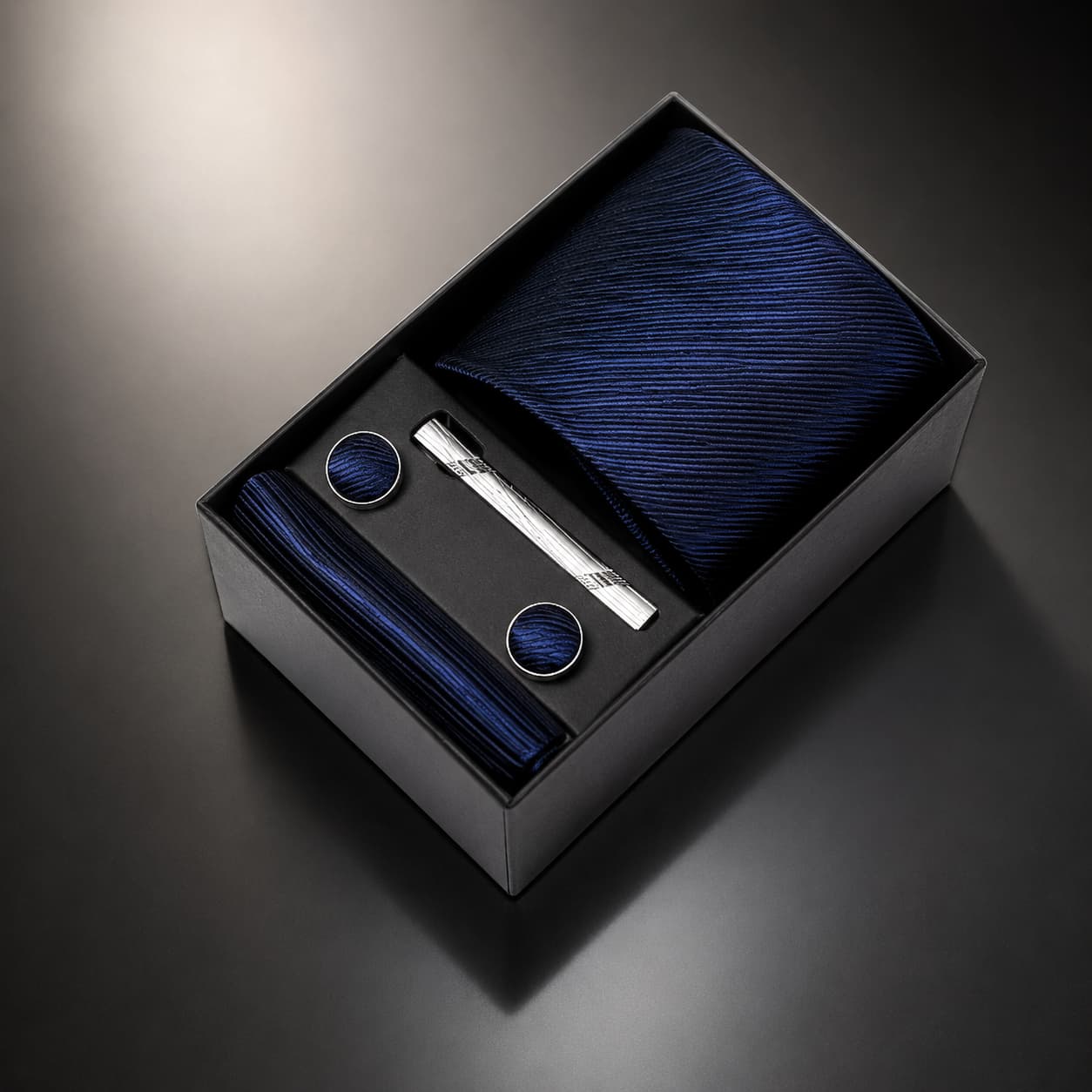 Prestige Blue Striped Tie Set with Pocket Square & Cufflinks, 8cm Formal Suit Gift Box
