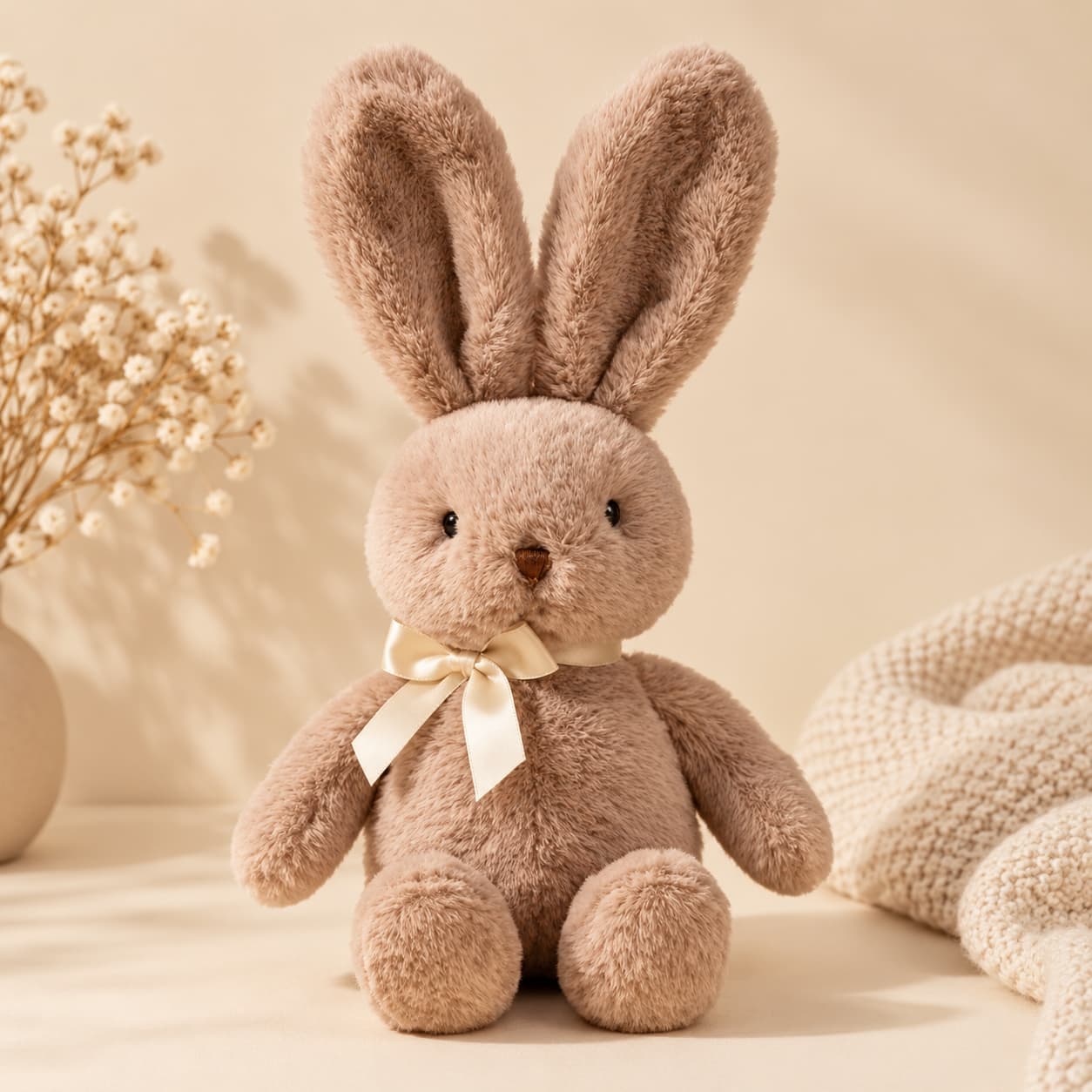 Soft brown plush bunny with long ears and cream satin bow styled on a warm beige boho-minimal background.