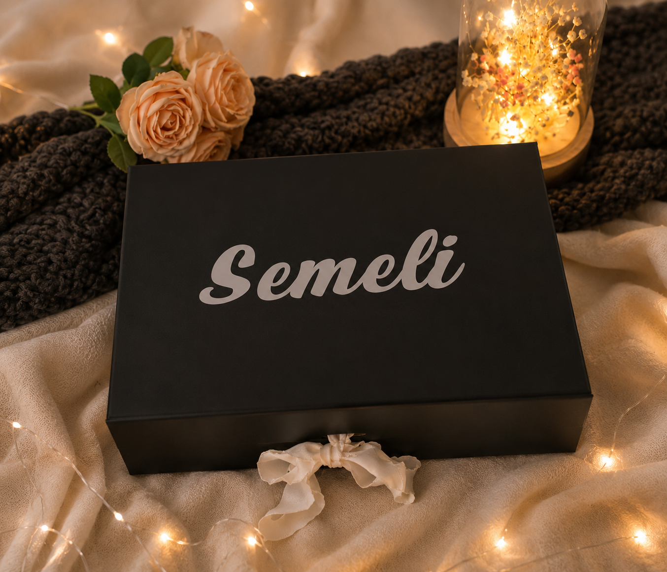 Luxury personalized Maid of Honor proposal gift box featuring a custom tumbler, mini sparkling wine bottle, personalized accessories, rose, and heartfelt proposal card inside a black keepsake box with the name .