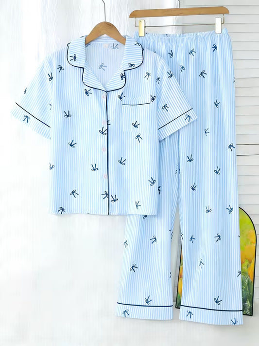 Blue Bow Print Pajama Set – Cute & Cozy 2-Piece Sleepwear for Women (Copy)