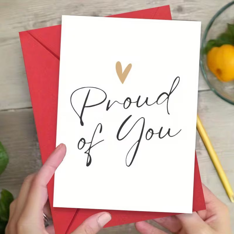 Encouragement greeting card with the message “Proud of you” and minimalist design