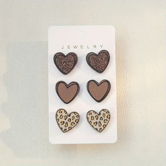 3-Pair Heart-Shaped Stud Earrings Set