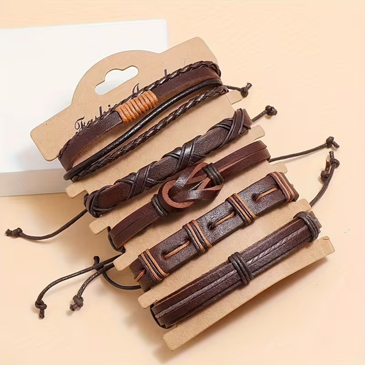 Heritage Woven Leather Bracelet Set, Five Vintage-Inspired Pieces for Layered Everyday Style