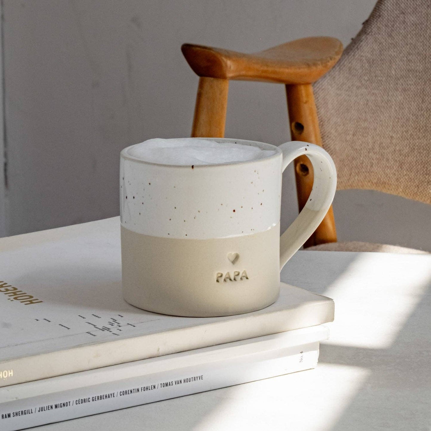 Handmade Papa stoneware mug from Portugal with embossed Papa lettering and natural ceramic glaze.