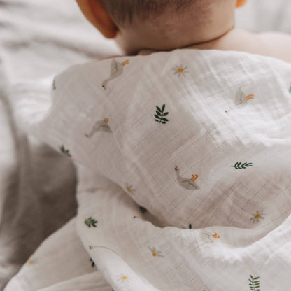 Goose Family 3-piece cotton muslin cloth set with goose, floral and family designs for babies.