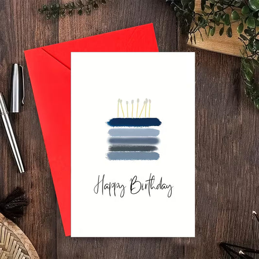 Modern birthday greeting card with minimalist cake illustration and handwritten “Happy Birthday” text