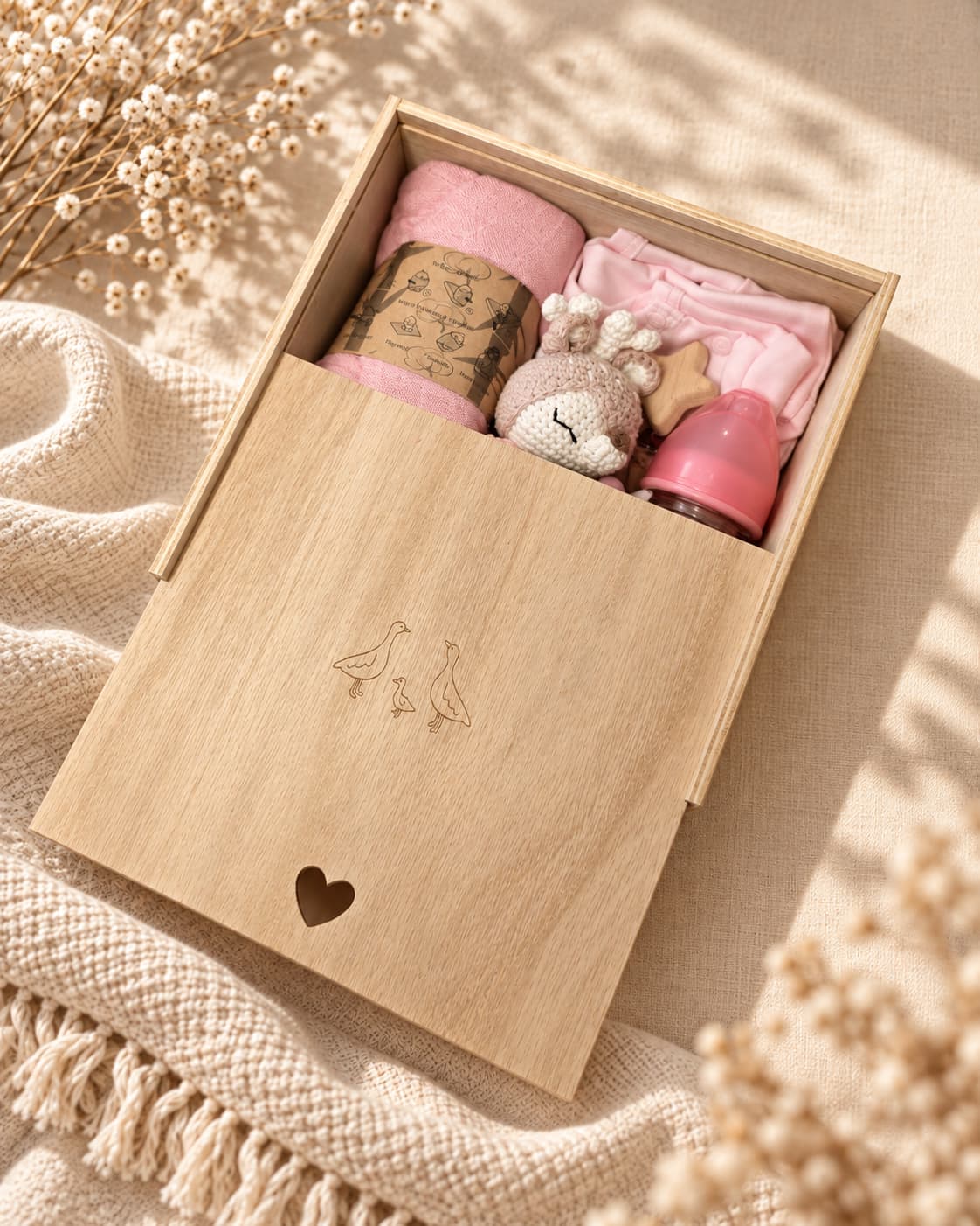 Pink newborn baby gift box in wooden keepsake box with muslin blanket, cotton onesie, brush, rattle and glass bottle.