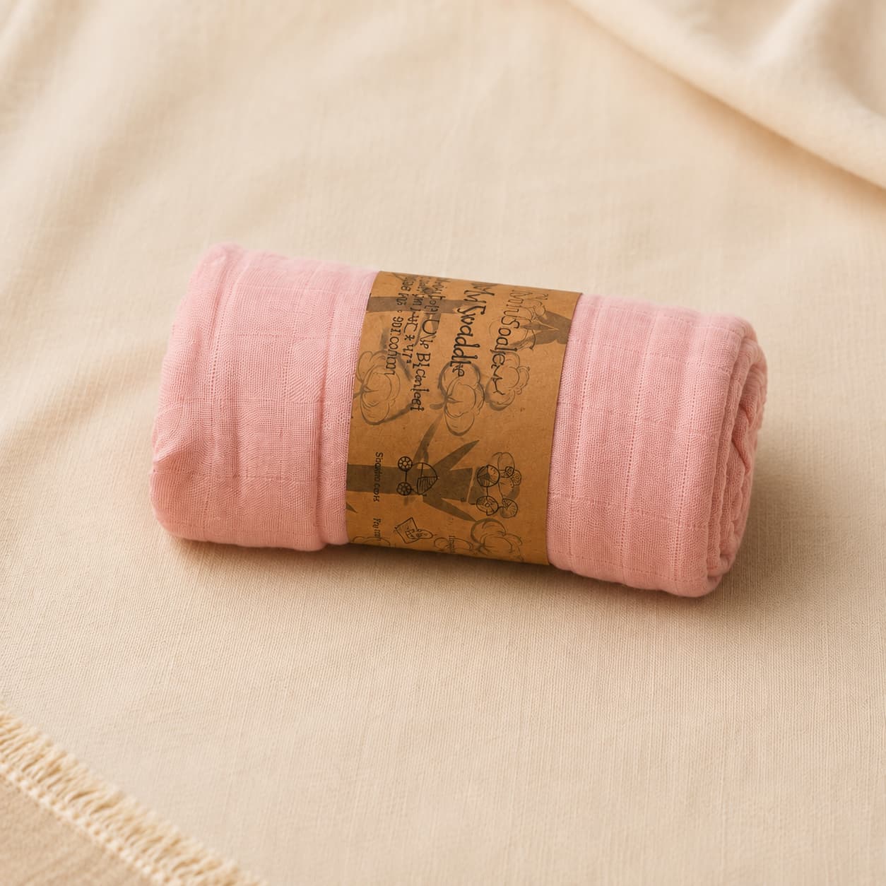 Pink newborn baby gift box in wooden keepsake box with muslin blanket, cotton onesie, brush, rattle and glass bottle.
