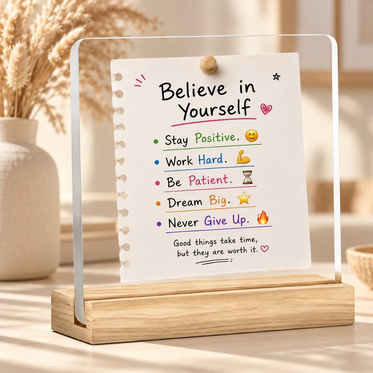 Believe in Yourself motivational acrylic desk sign with wooden base, colorful positive affirmations, and inspirational quotes for office or study desk decor.
