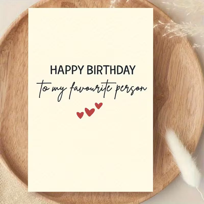 Birthday greeting card with the message “Happy Birthday to my favourite person” and red envelope
