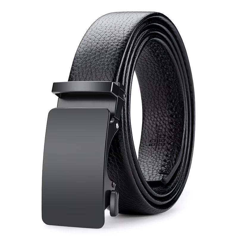 Black men’s leather belt with automatic buckle, ideal for gift boxes and formal wear