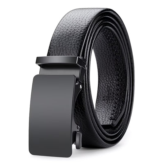 Black men’s leather belt with automatic buckle, ideal for gift boxes and formal wear