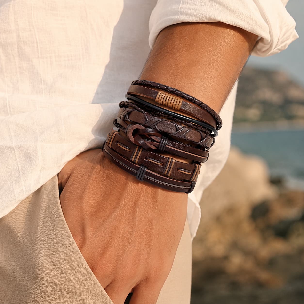 Heritage Woven Leather Bracelet Set, Five Vintage-Inspired Pieces for Layered Everyday Style