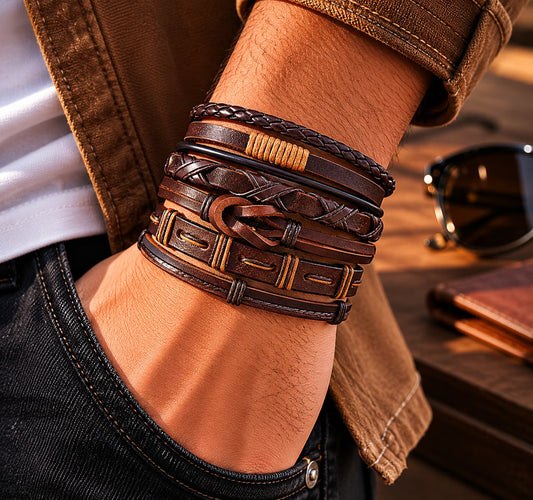 Heritage Woven Leather Bracelet Set, Five Vintage-Inspired Pieces for Layered Everyday Style