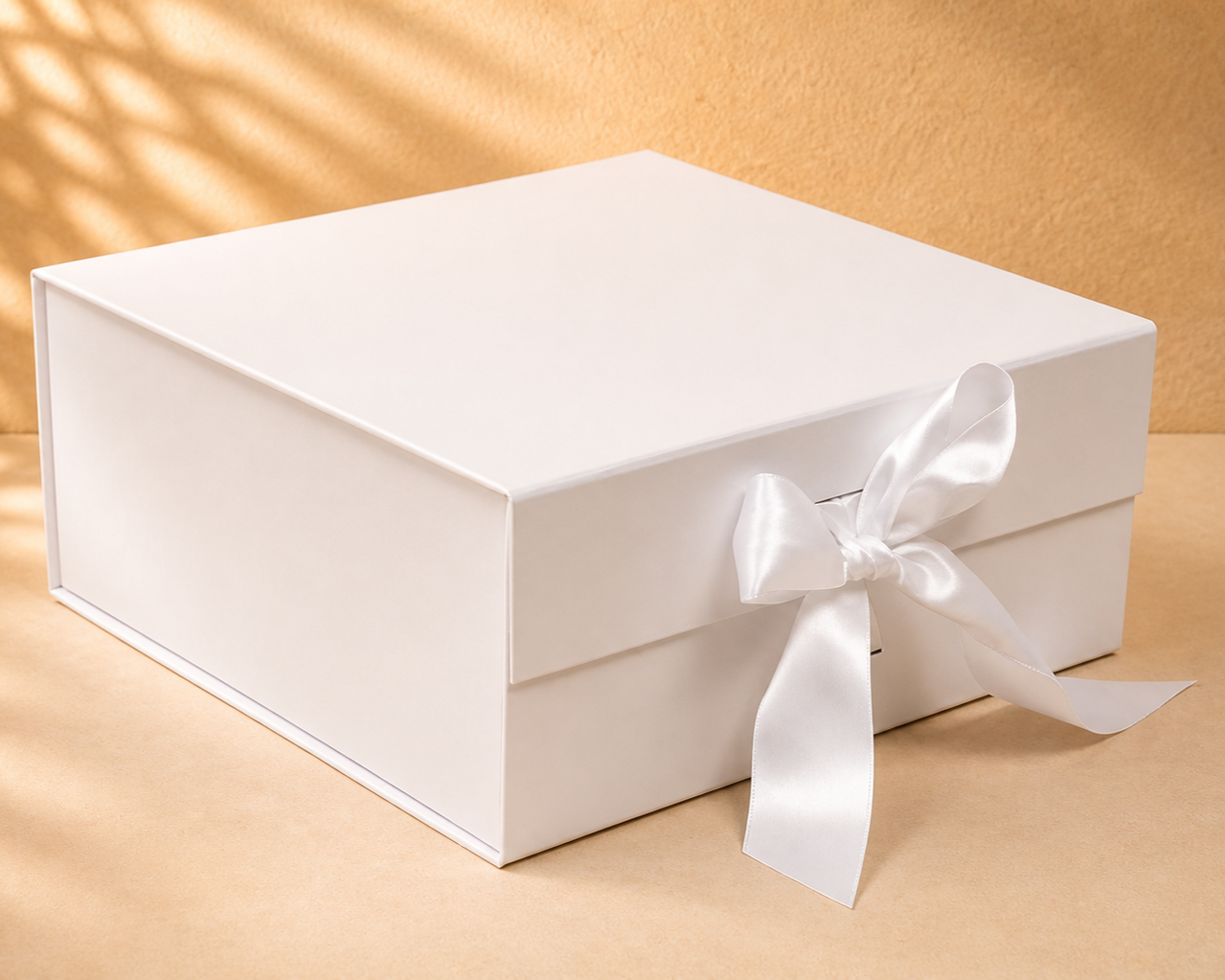 White premium gift box with ribbon bow, elegant packaging box on neutral background Gift shop delivery Cyprus Gifting CY