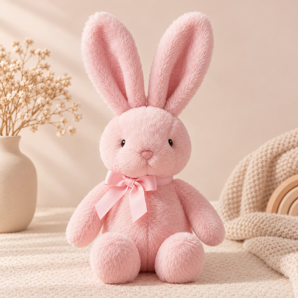 Soft pink plush bunny with long ears and cream satin bow styled on a warm beige boho-minimal background.