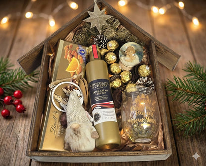 Christmas handmade wooden house gift box filled with festive treats – Cyprus holiday gift