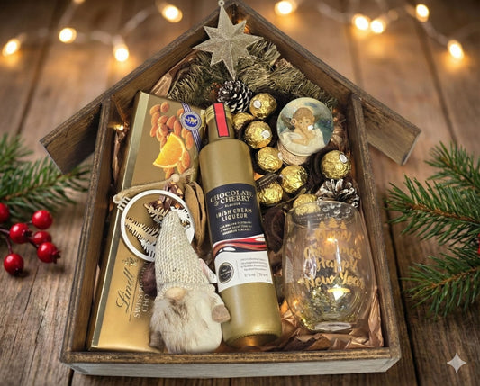 Christmas handmade wooden house gift box filled with festive treats – Cyprus holiday gift