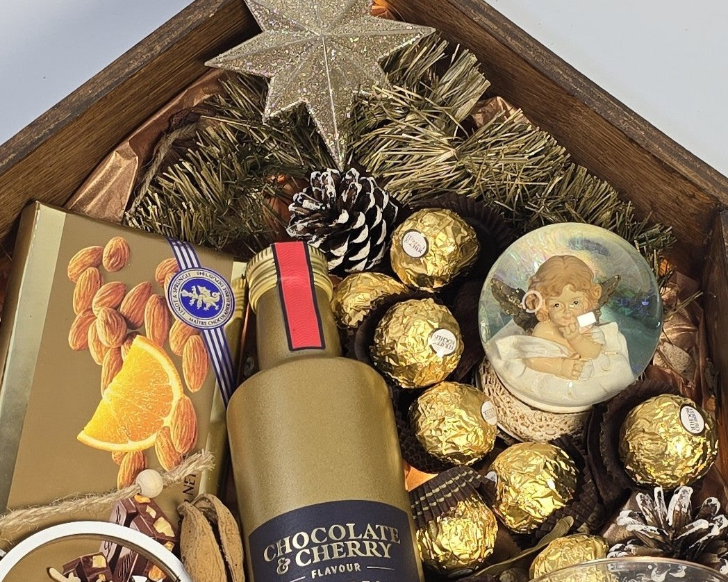 Christmas handmade wooden house gift box filled with festive treats – Cyprus holiday gift