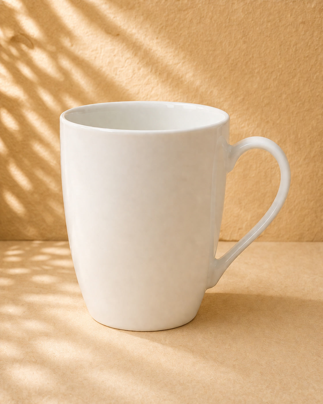 Plain white ceramic mug with minimal design, blank mug for custom printing