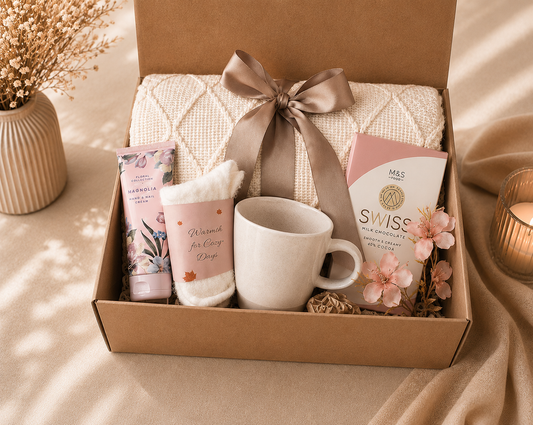 Luxury self-care gift box in a kraft brown gift box featuring a knitted cream blanket with satin ribbon, floral hand cream, fluffy socks, ceramic mug, Swiss chocolate, and decorative flowers, styled on a warm beige background.