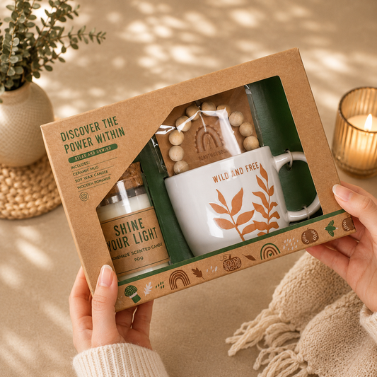 Wellness gift set in eco-friendly kraft packaging featuring a ceramic "Wild and Free" mug, scented candle, wooden bead accessory, and inspirational self-care keepsakes, beautifully displayed in a cozy lifestyle setting with soft neutral décor and warm lighting.