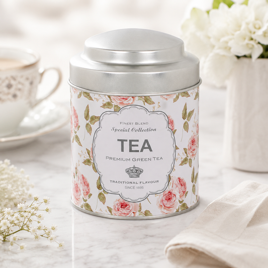 Floral Metal Tea Storage Tin filled with tea
