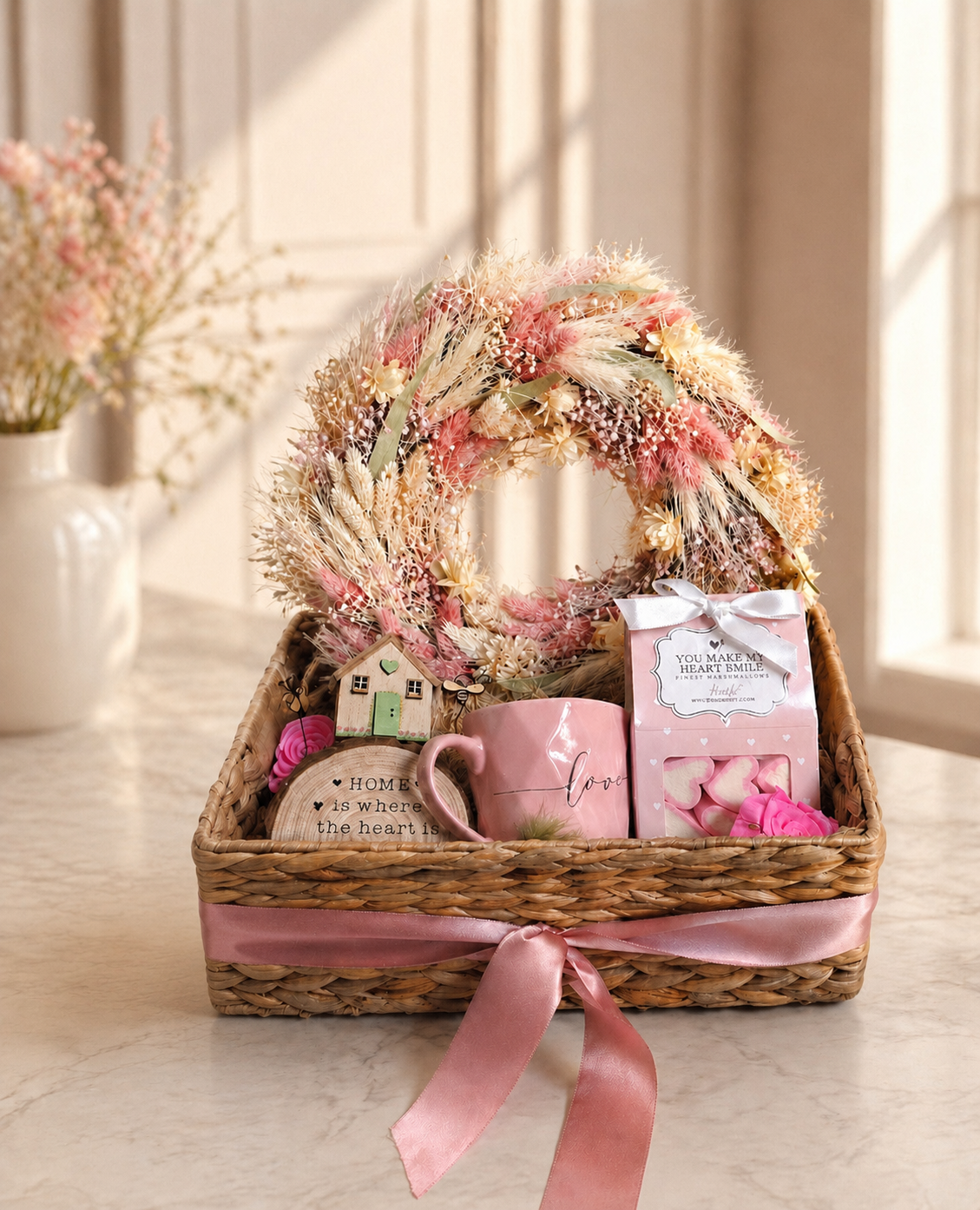 Luxury gift basket featuring a dried floral wreath, pink ceramic mug, wooden house keepsake, marshmallow gift box, and decorative home plaque arranged in a woven basket with a pink ribbon.