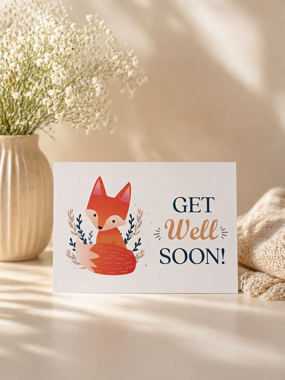 Get well soon card with a fox illustration on a neutral background