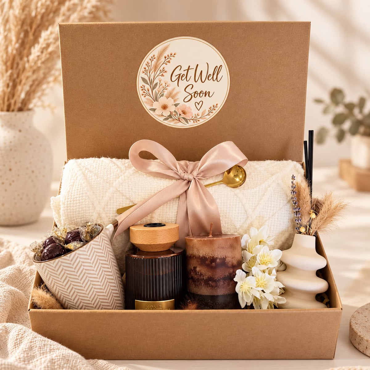 Get Well Soon gift box with cream knitted blanket, ceramic mug, chocolates, vanilla reed diffuser, sandalwood candle, boho vase and dried flowers.