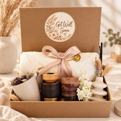 Get Well Soon gift box with cream knitted blanket, ceramic mug, chocolates, vanilla reed diffuser, sandalwood candle, boho vase and dried flowers.