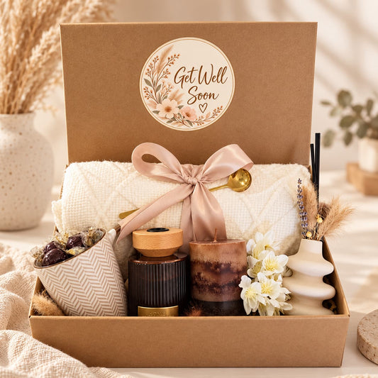Get Well Soon gift box with cream knitted blanket, ceramic mug, chocolates, vanilla reed diffuser, sandalwood candle, boho vase and dried flowers.