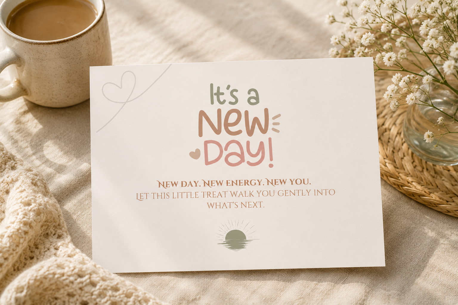 Card with 'It's a New Day!' message on a table with a cup of coffee and flowers.