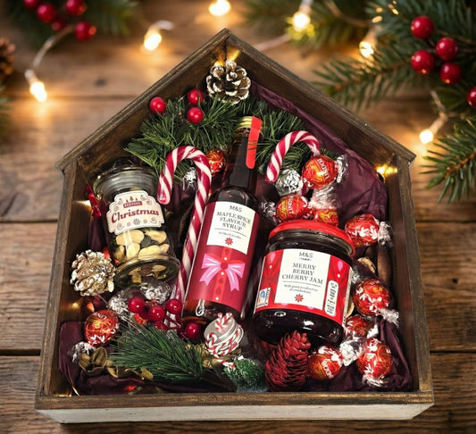 Christmas wooden house gift box with M&S maple spice syrup, cherry jam, candy canes and festive treats – handmade holiday gift from Cyprus