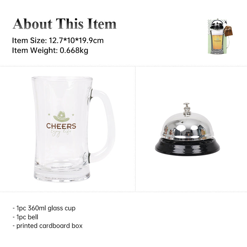 Cheers Gift Set featuring a 360ml glass mug, silver service bell, and printed gift box, ideal for office gifts and fun occasions.