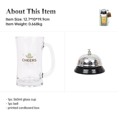 Cheers Gift Set featuring a 360ml glass mug, silver service bell, and printed gift box, ideal for office gifts and fun occasions.