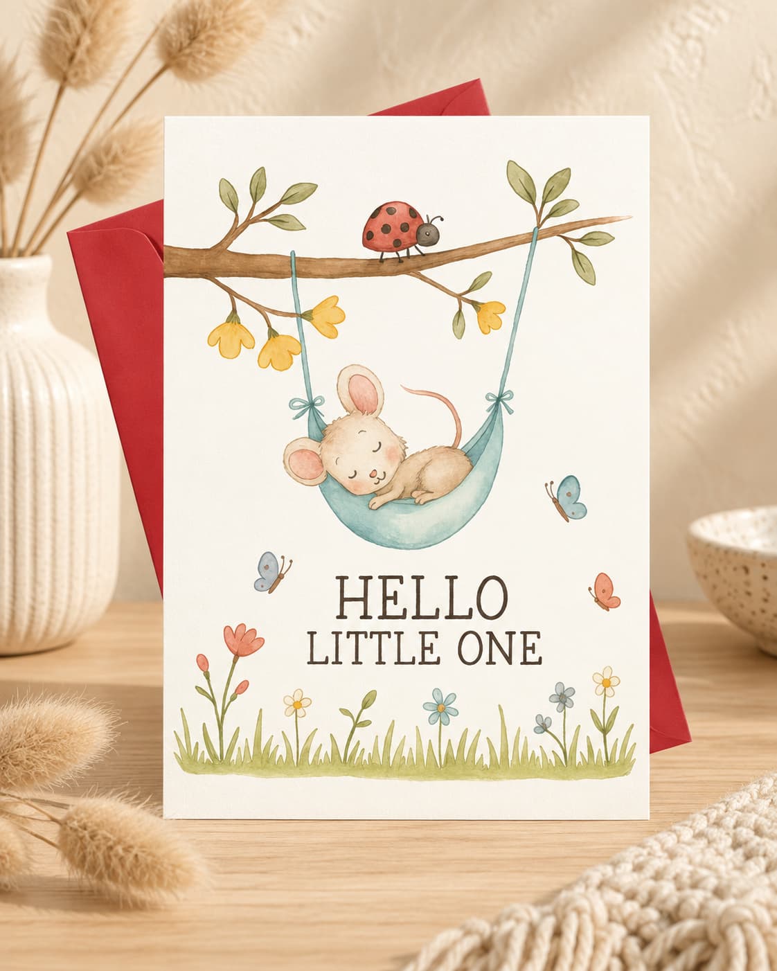 Hello Little One new baby greeting card with watercolor mouse in a hanging cradle, flowers and butterflies, styled on a warm minimal boho background.