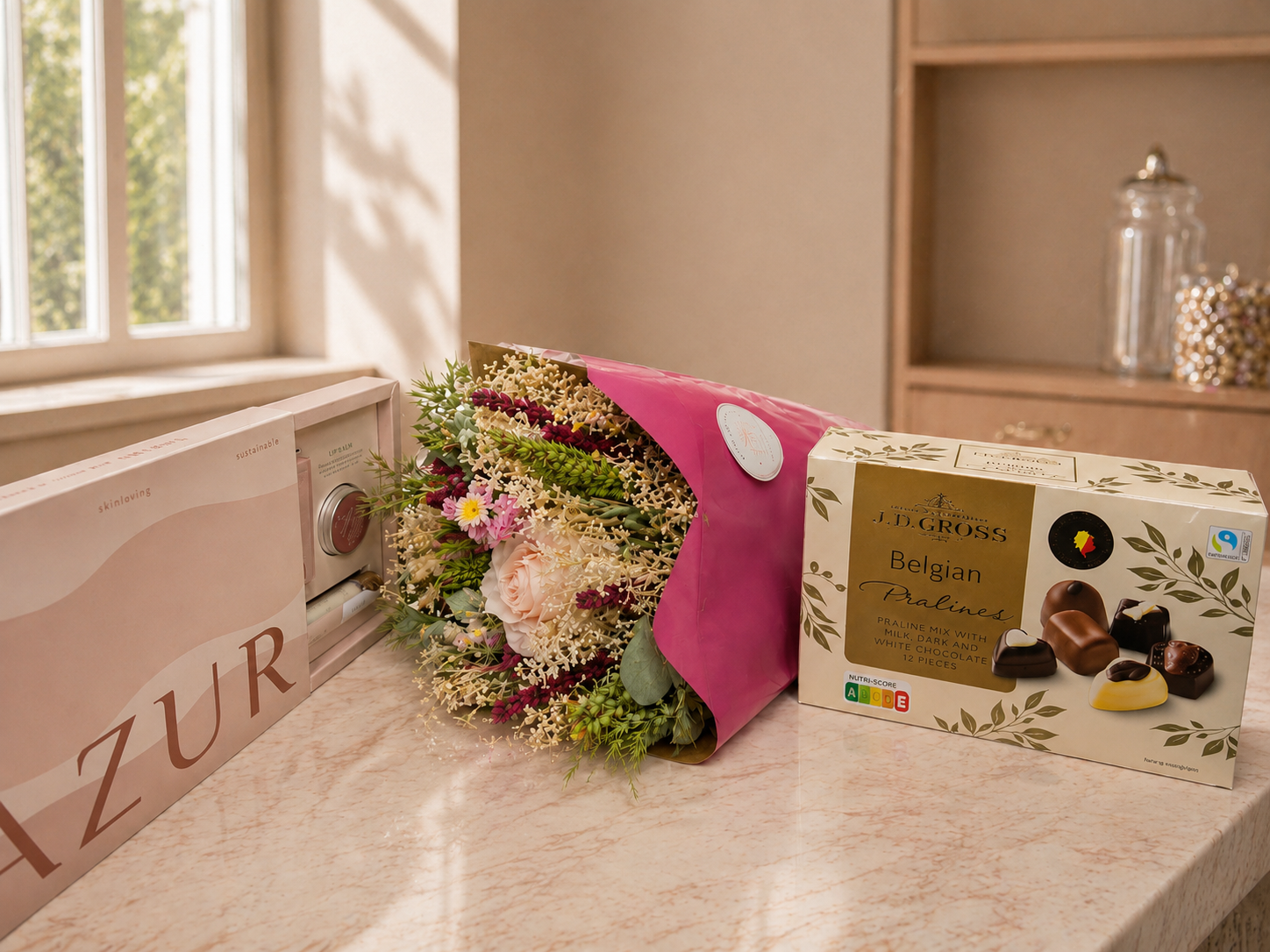 Luxury gift collection featuring a peach-toned flower bouquet, decorative vase, premium chocolates, and a self-care gift set arranged in an elegant neutral setting.