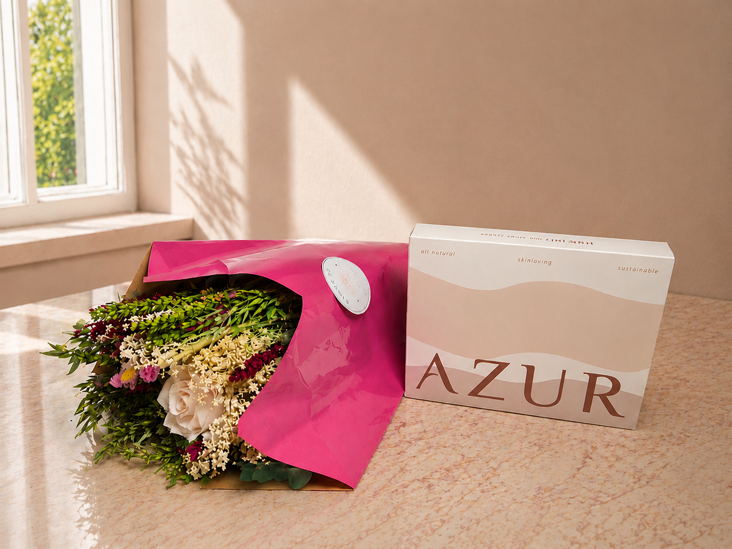 Luxury gift collection featuring a peach-toned flower bouquet, decorative vase, premium chocolates, and a self-care gift set arranged in an elegant neutral setting.