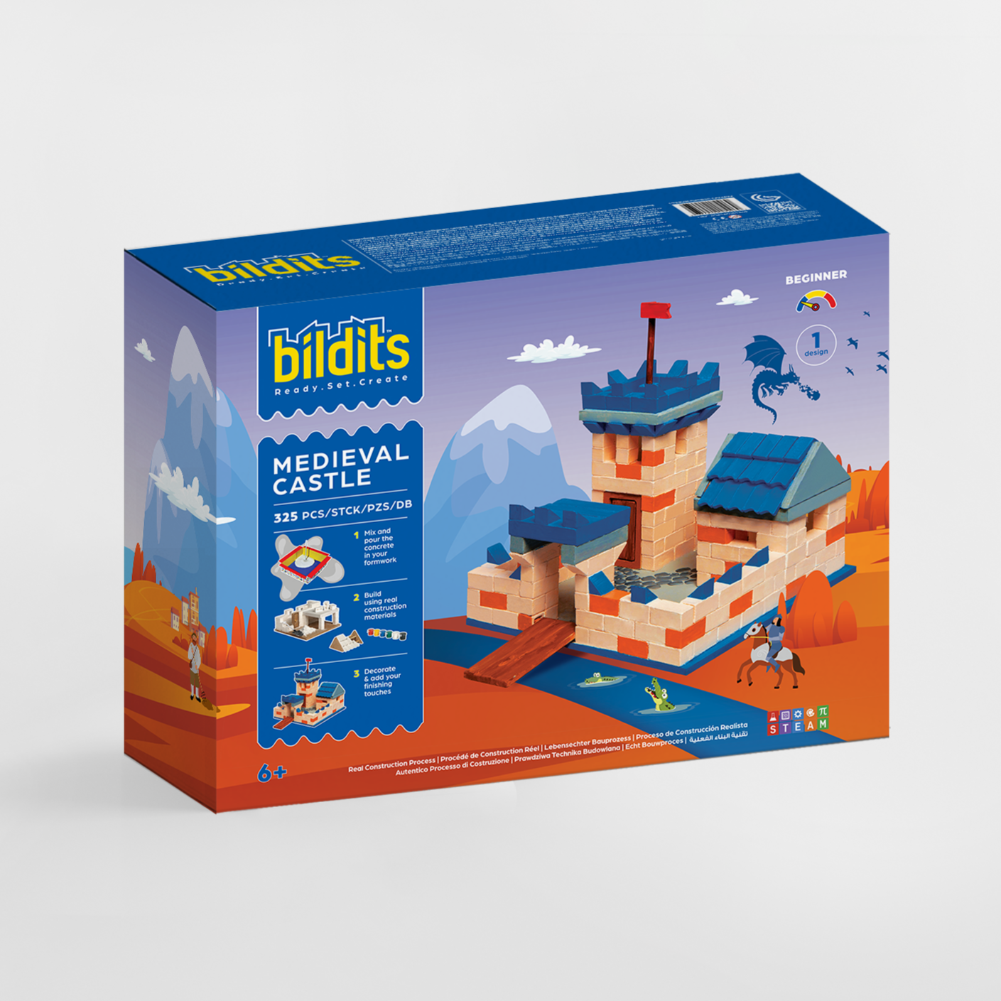 Bildits Medieval Castle kit – kids building a realistic stone-style castle model with construction tools