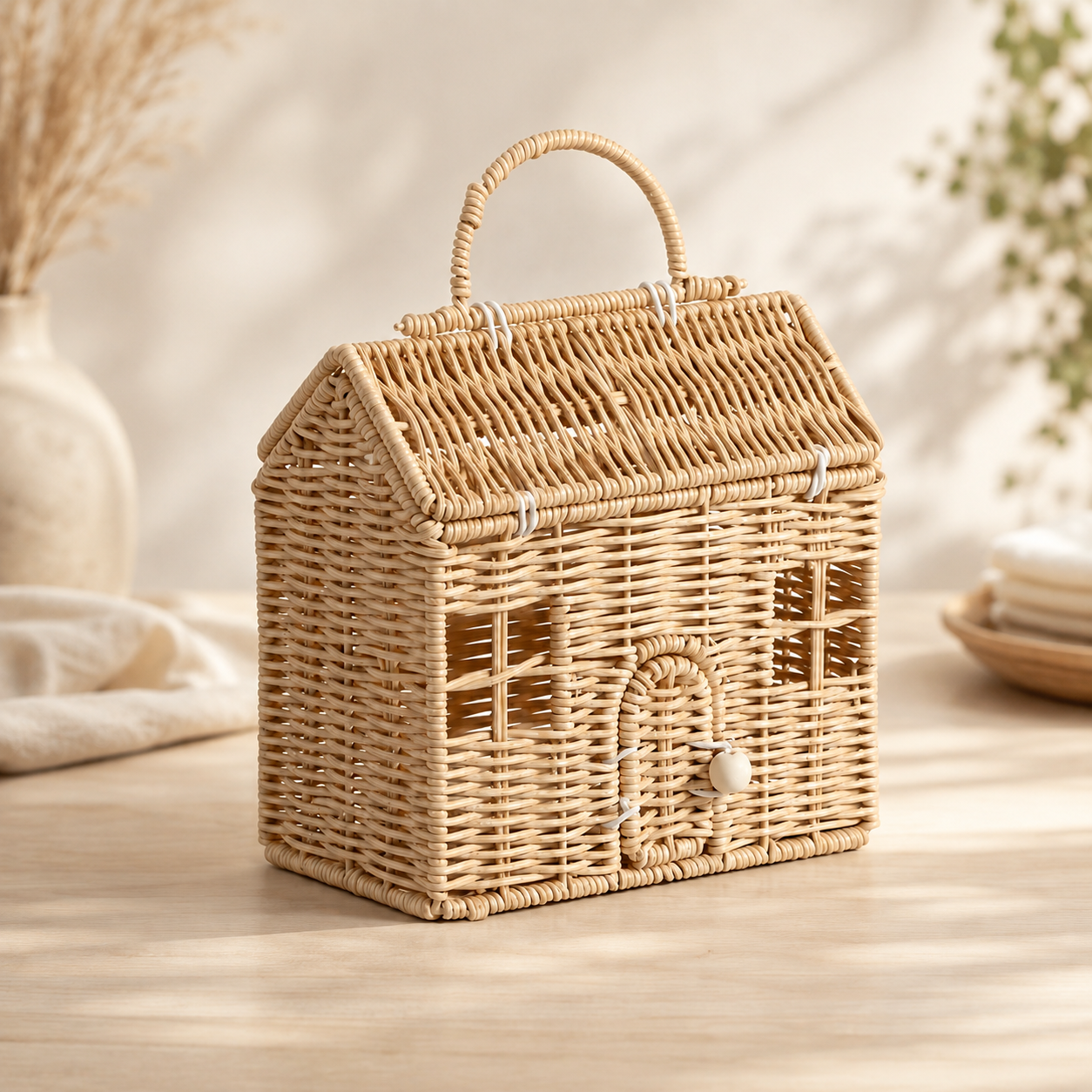 Natural woven rattan house-shaped storage basket with handle displayed on a warm neutral wooden surface.