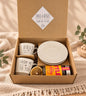 Open Hugs & Kisses coffee gift box by Gifting CY with two message mugs, saucers and Little’s Creamy Caramel Coffee