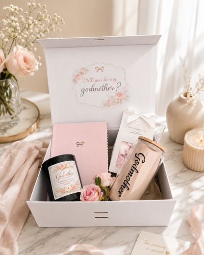 Personalised godmother proposal gift box with notebook, candle, reusable cup, marshmallows and floral details