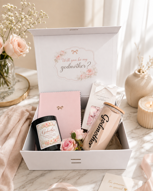Personalised godmother proposal gift box with notebook, candle, reusable cup, marshmallows and floral details