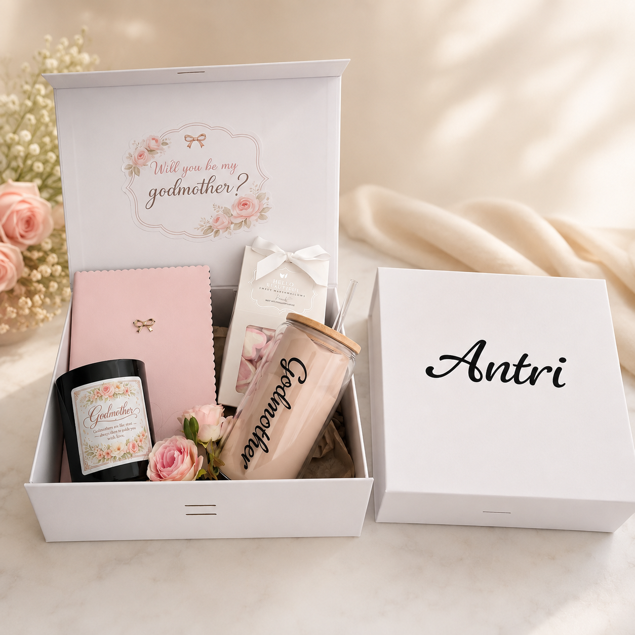 Personalised godmother proposal gift box with notebook, candle, reusable cup, marshmallows and floral details